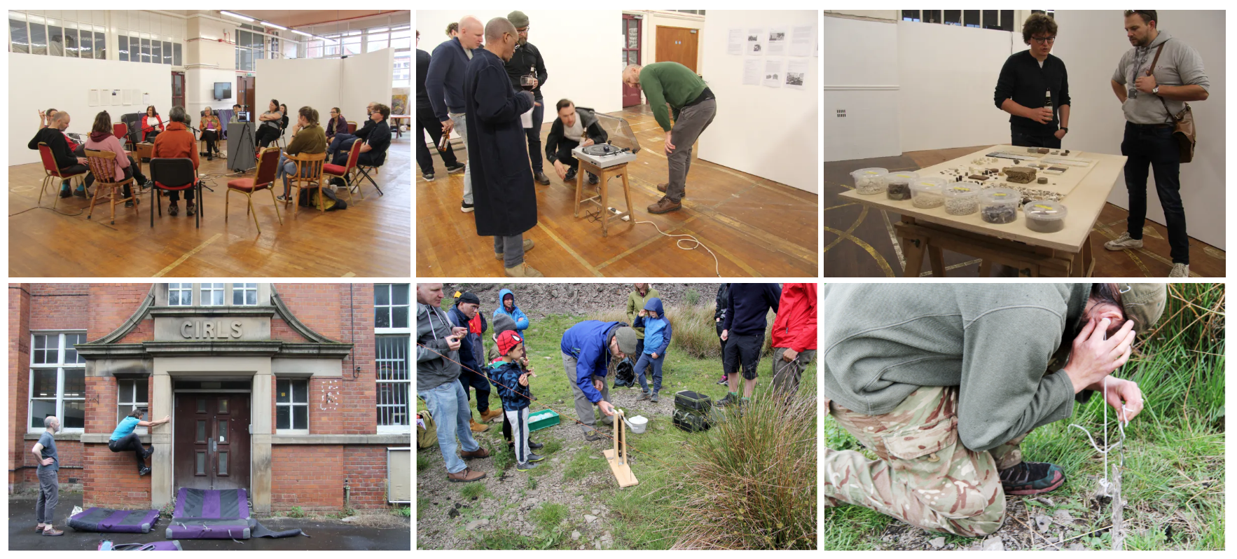 A grid of 6 images showing a range para-lab activities. The images include people sitting in a circle for a discussion, viewers looking at objects in a gallery, and experiments taking places outdoors.